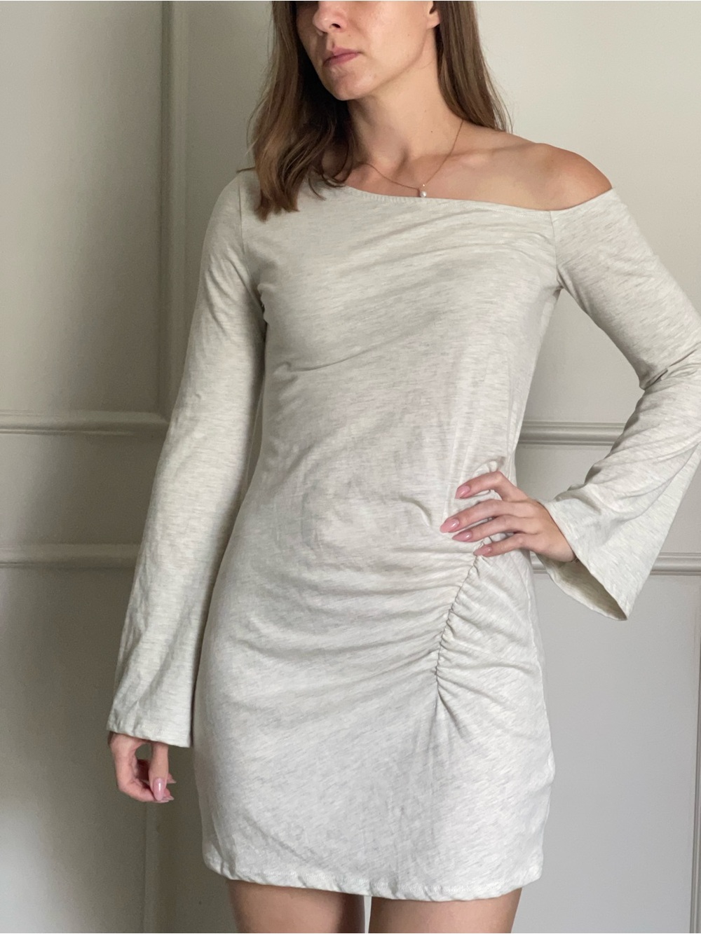 Urban Outfitters One-Shoulder Cream Ruched Long-Sleeve Dress